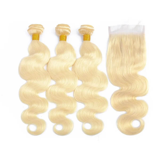 JP Hair #613 Blonde Body Wave 3 Bundles with 4x4 Transparent Lace Closure