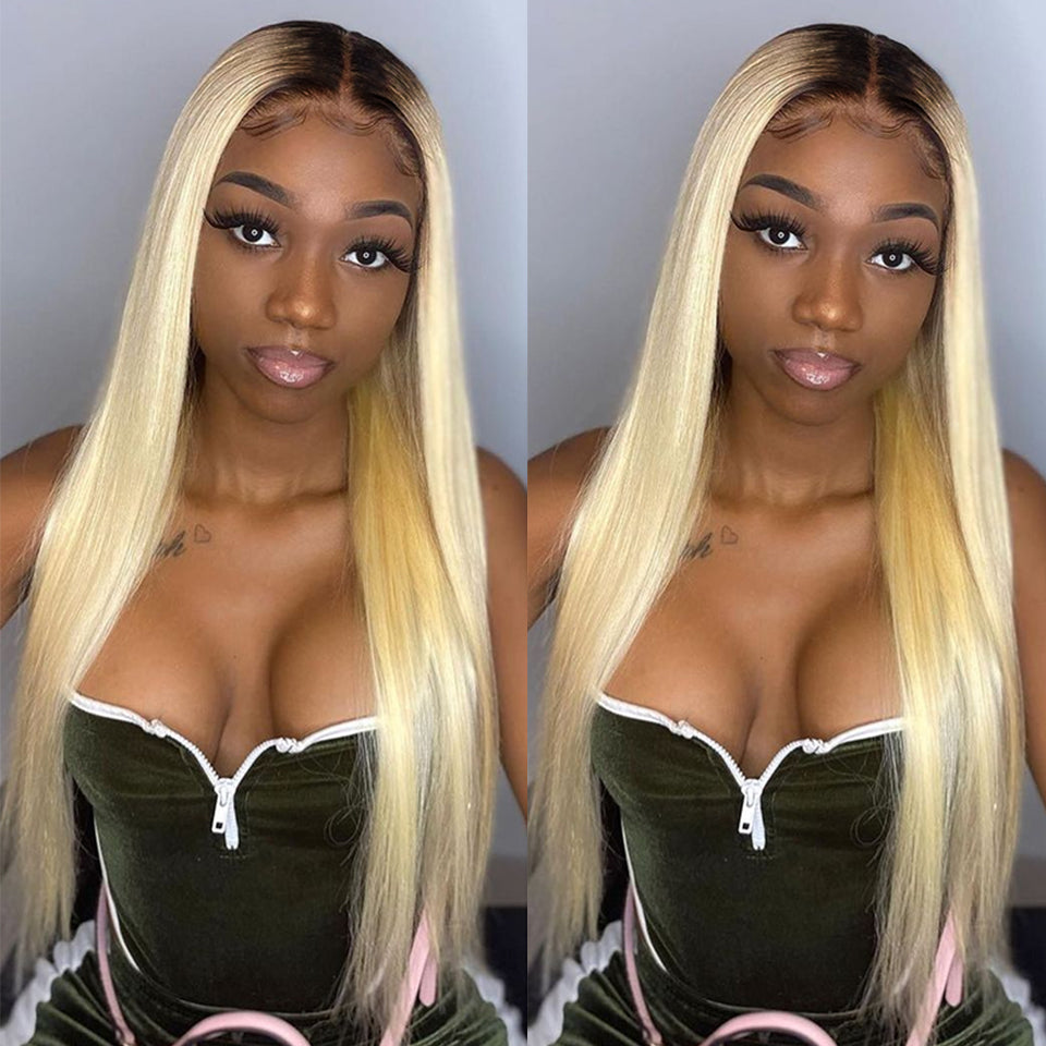 Straight Human Hair Wig 1b/613 Ombre Blonde 13x4 Lace Frontal Wig