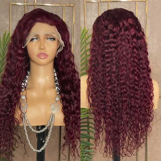 JP Hair 99J Water Wave Wig Colored Human Hair Wig Pre-plucked Lace Front Wig