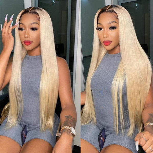 Straight Human Hair Wig 1b/613 Ombre Blonde 13x4 Lace Frontal Wig