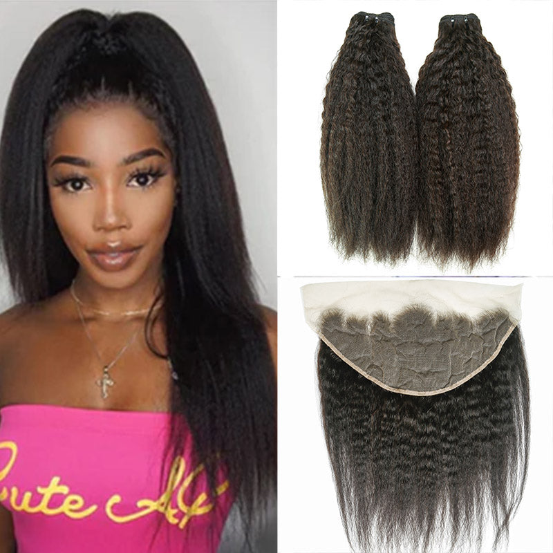 JP Hair  9A/10A/12A Kinky Straight 3 Bundles with 13x6 Frontal with Preplucked Hairline