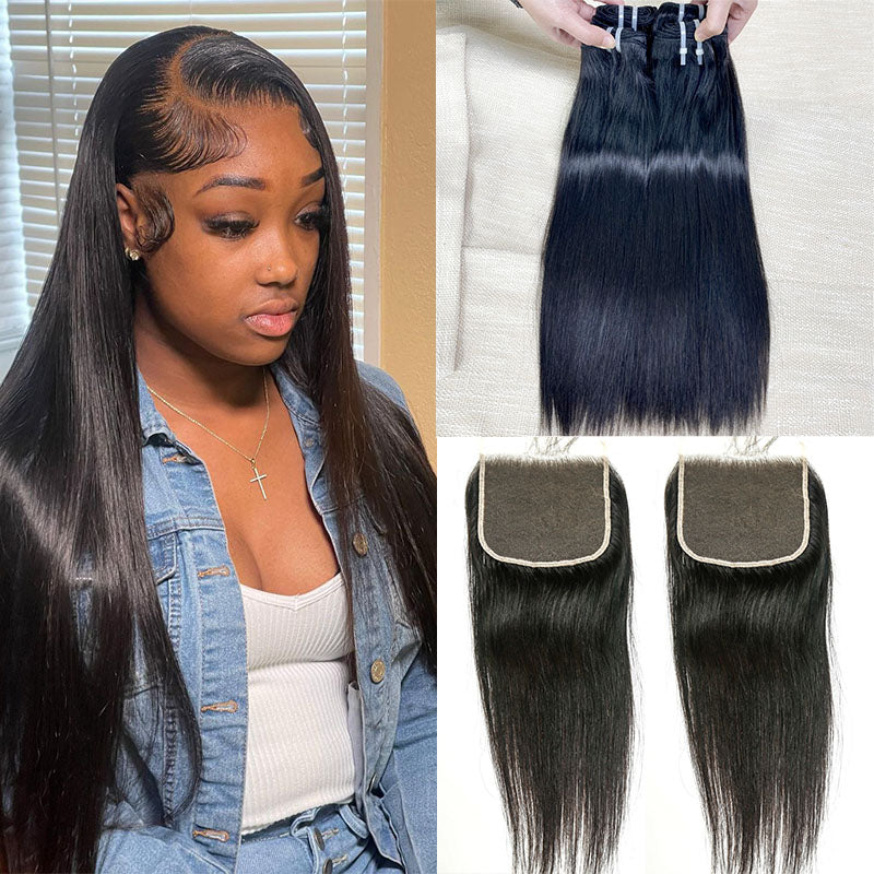 JP Hair 9A/10A12A Straight Silky Straight Full 3 Human Hair Bundles With with 6x6 HD Closure