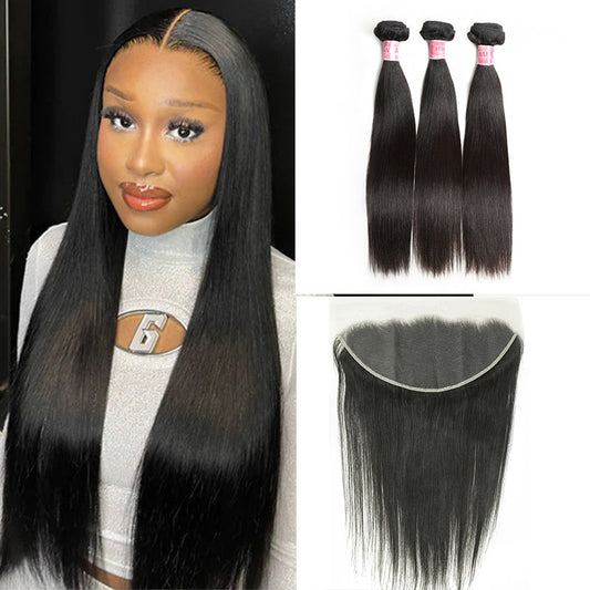 JP Hair  9A/10A/12A Straight 3 Bundles with 13x6 Frontal with Preplucked Hairline