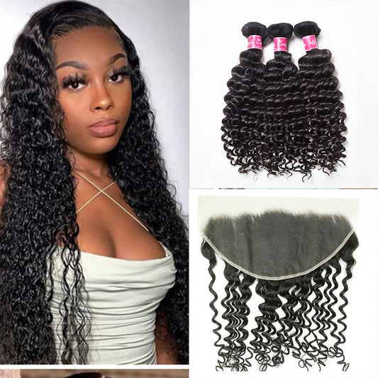 JP Hair  9A/10A/12A Deep Wave 3 Bundles with 13x6 Frontal with Preplucked Hairline