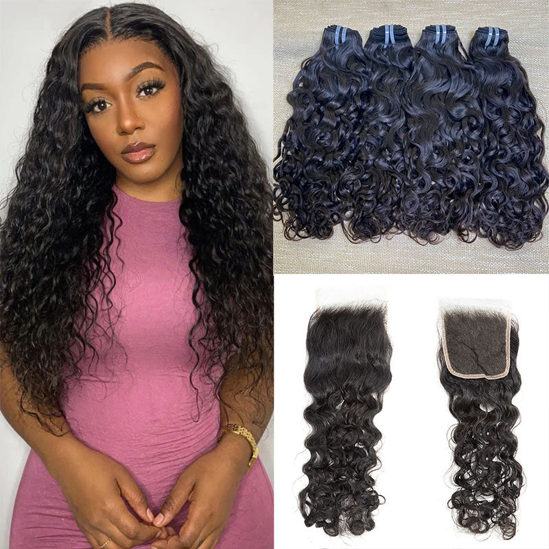 JP Hair 9A/10A/12A Water Wave Bundles with 4x4 Lace Closure Indian Human Hair Free Part