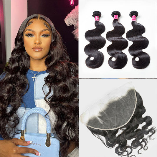 JP Hair  9A/10A/12A Body Wave 3 Bundles with 13x6 Frontal with Preplucked Hairline